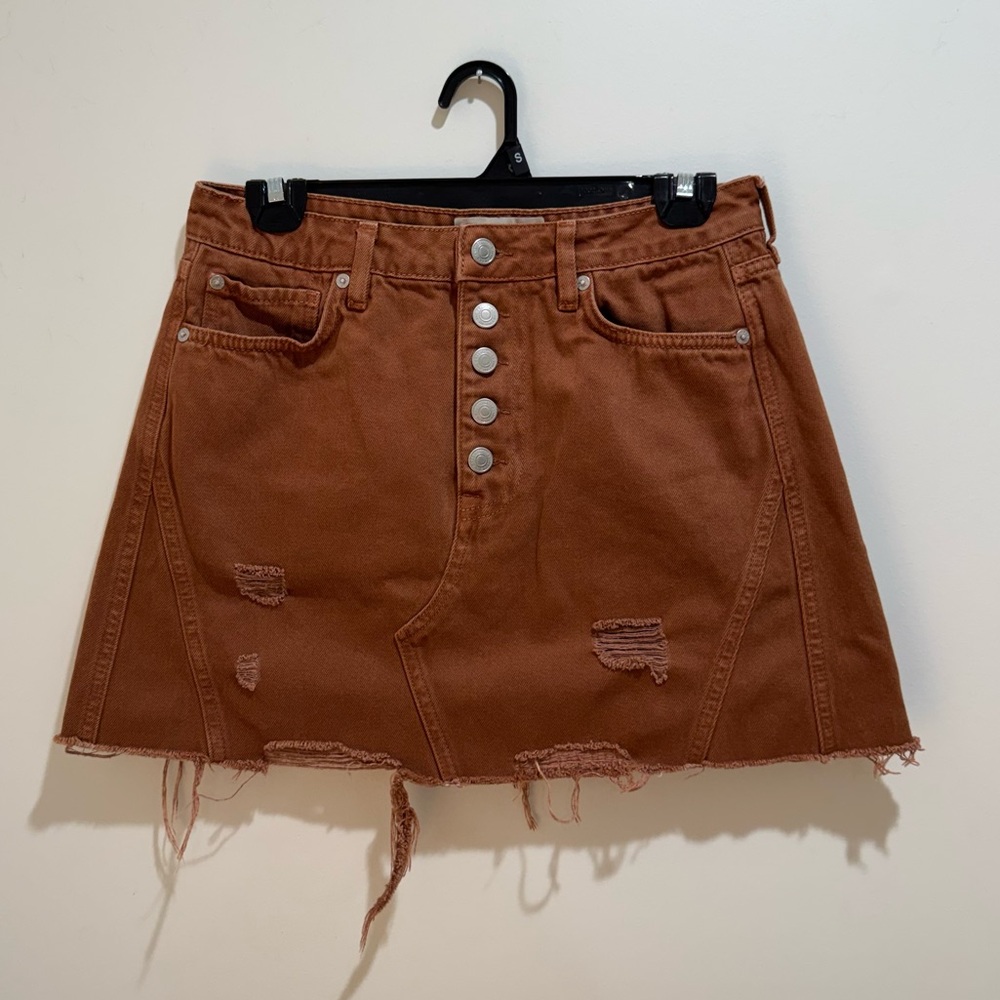 Free People We The Free‎ Rust Distressed Button Front Denim Mini Skirt Size 28